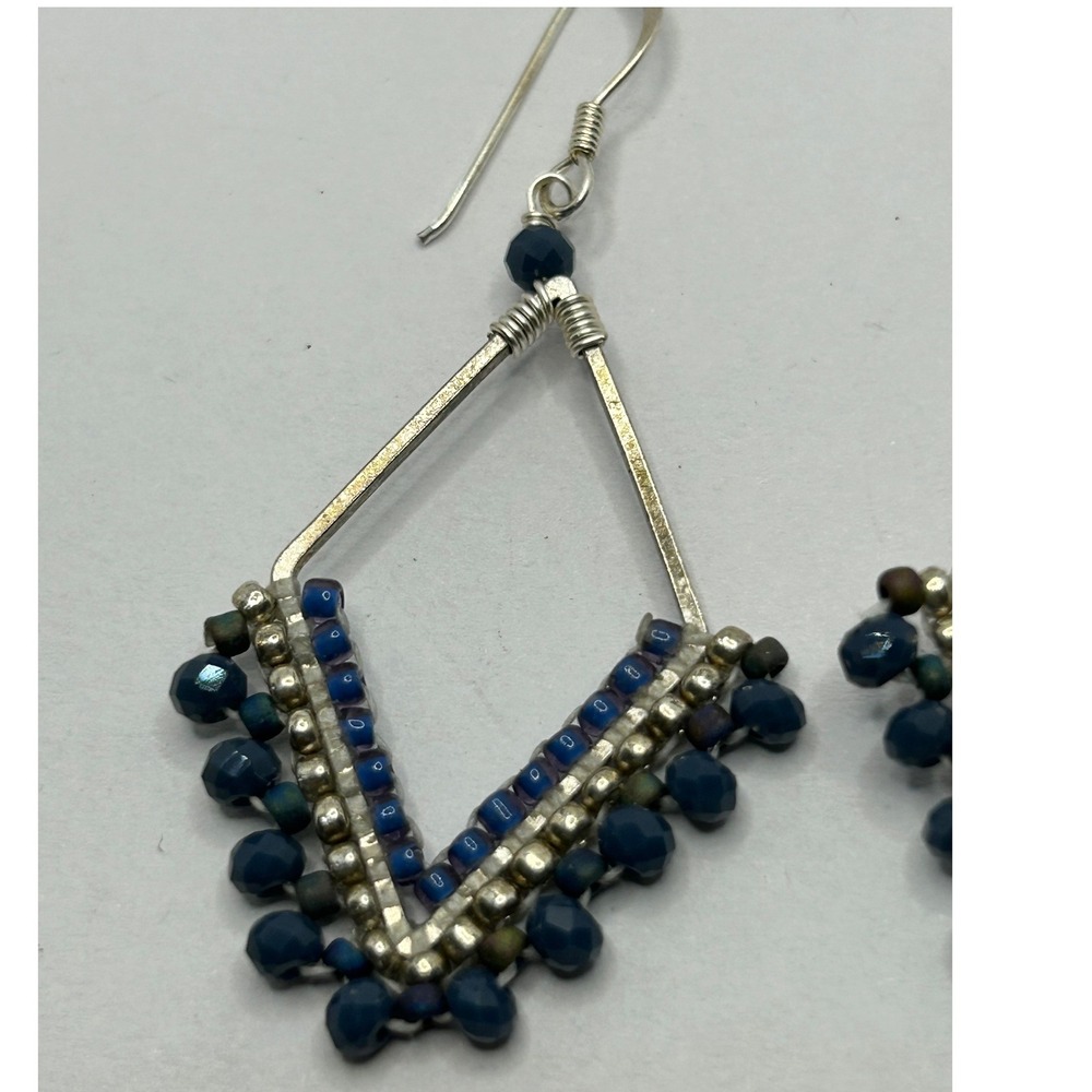 Blue beaded dangle earrings Boho Tribal Silver tone Statement - Picture 3 of 4